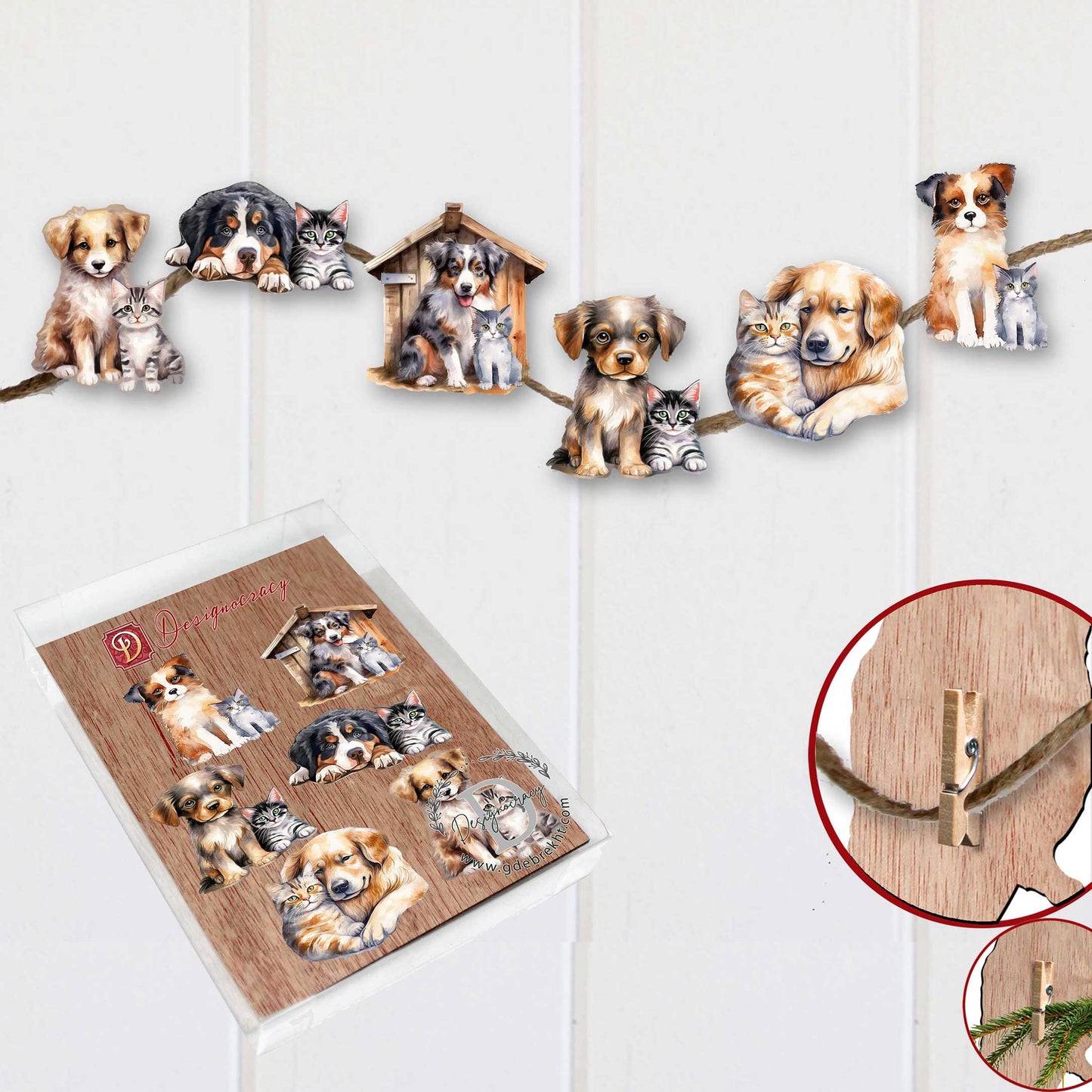 Dogs Clip-On Eco Wood Decorative Ornaments Set of 6 by G. Debrekht - Christmas Decor - 8090017C-S6