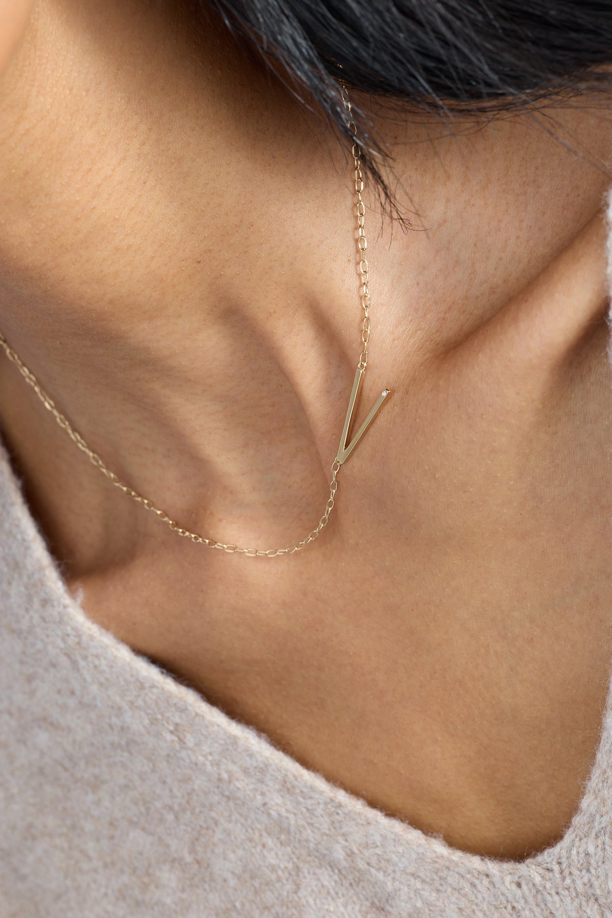 Initial V Precious Elongated Necklace