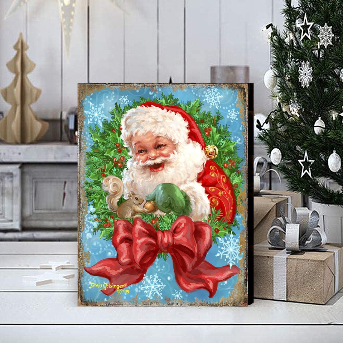 Santa Bow Wreath Art Wooden Wall Art by D. Gelsinger - Christmas Santa Snowman Decor - 95606B-1309