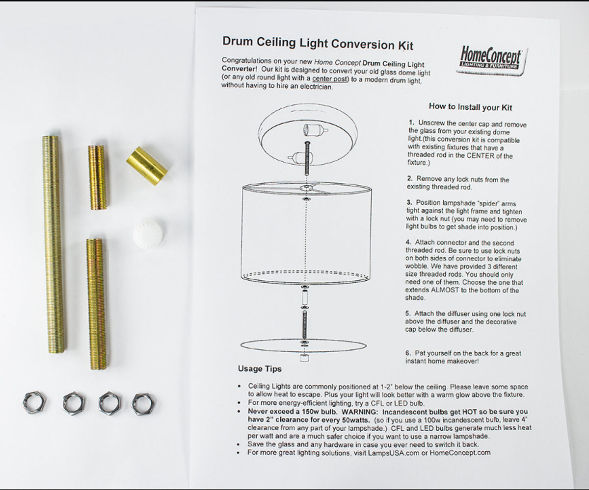 16"W Moderne Flush Mount Conversion Kit  White Linen Drum Lampshade
