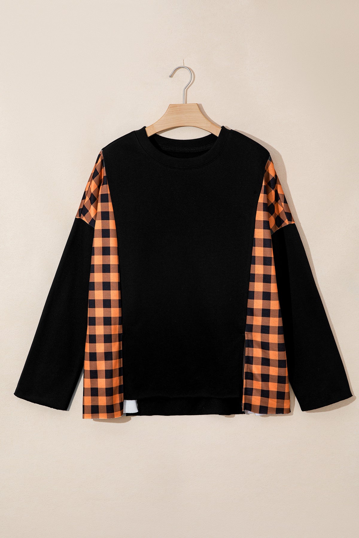 Black Patchwork Plaid Pumpkin Face Long Sleeve Top