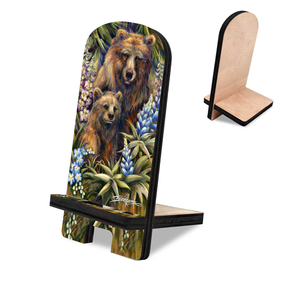 Grin & Bear it Grizzly Mother & Cub Cell Phone Stand Wildlife Decor Wood Mobile Tablet Holder Charging Station Organizer - 892092-JB