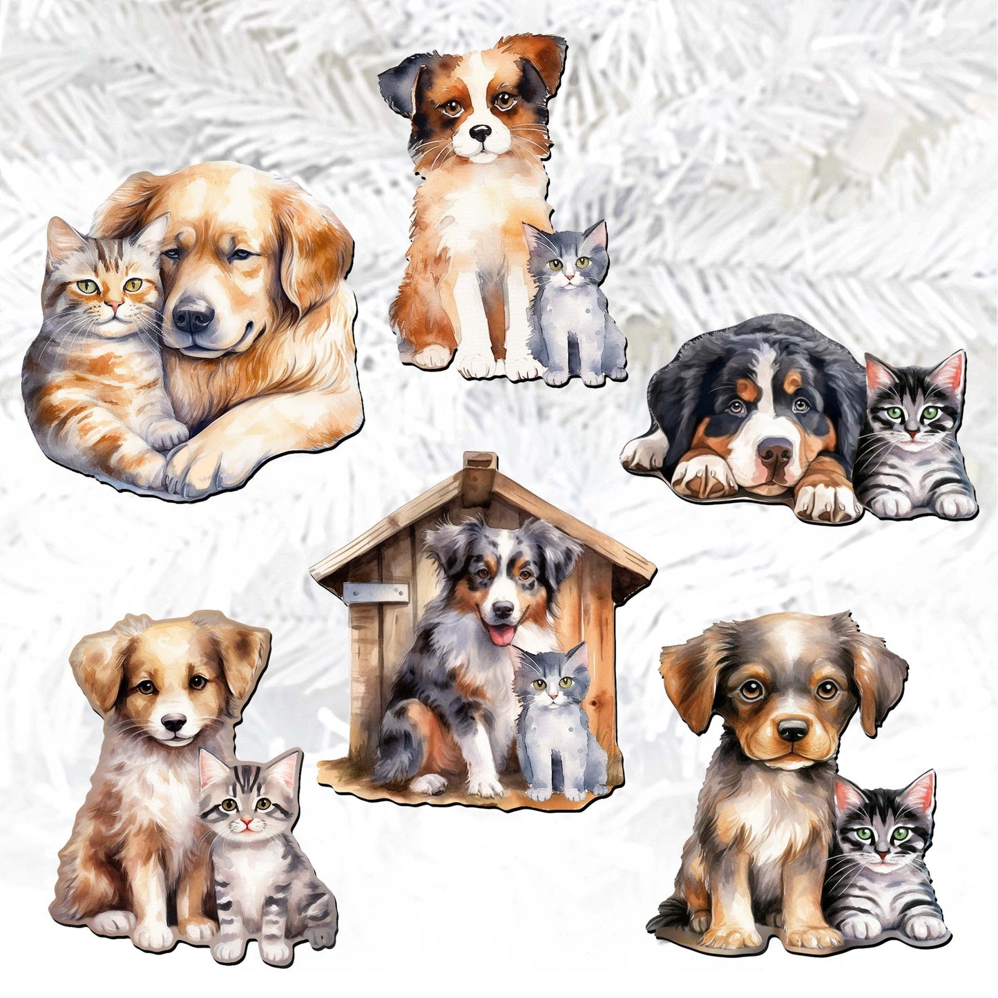 Dogs Clip-On Eco Wood Decorative Ornaments Set of 6 by G. Debrekht - Christmas Decor - 8090017C-S6