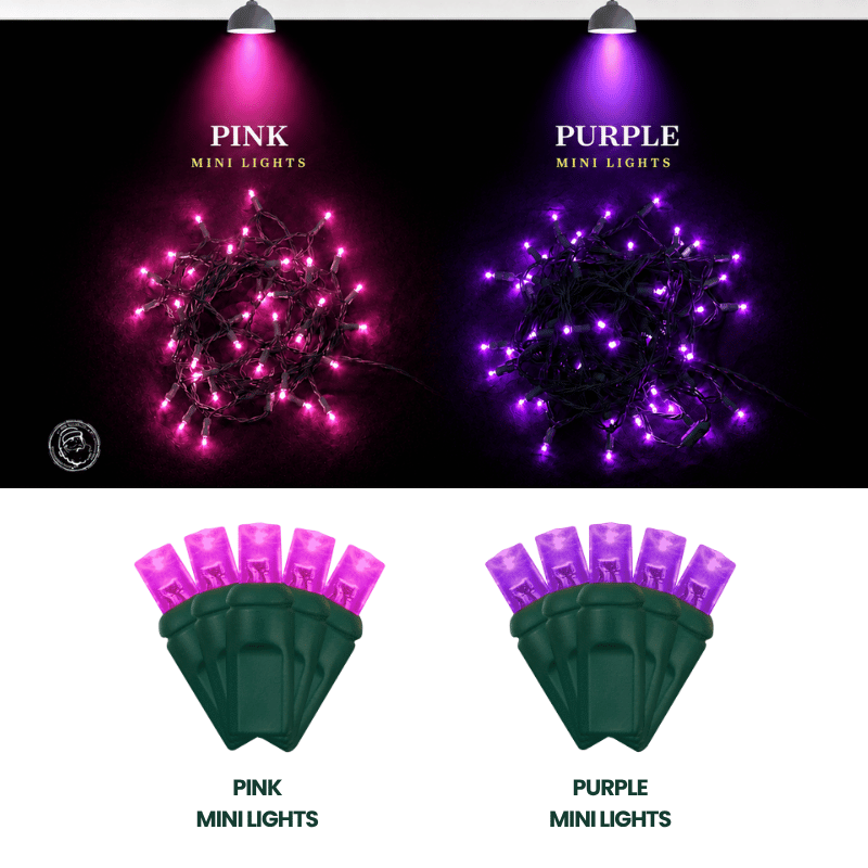LED Mini Lights 5MM Pink Static Green Wire 6" Spacing