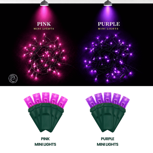 LED Mini Lights 5MM Pink Static Green Wire 6" Spacing