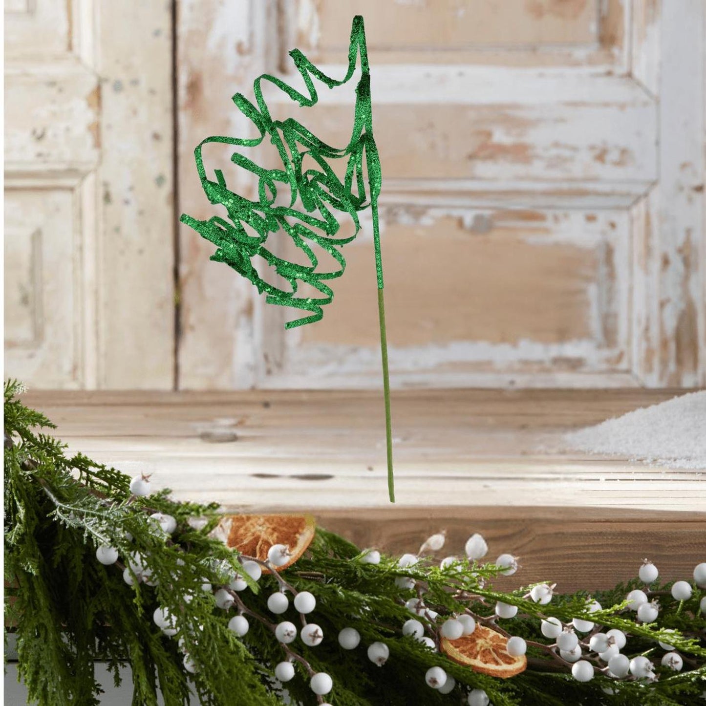 31" Curly Glitter Ribbon Spray: Emerald Green