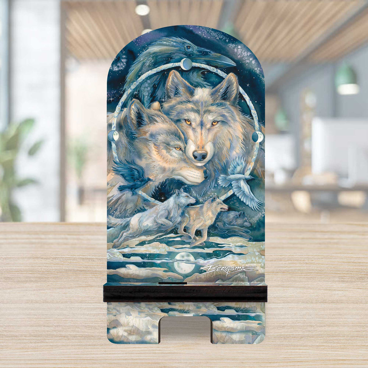 In Spirit I Am Free Wolves Ravens Cell Phone Stand Wood Mobile Tablet Holder Charging Station Organizer - 892091-JB