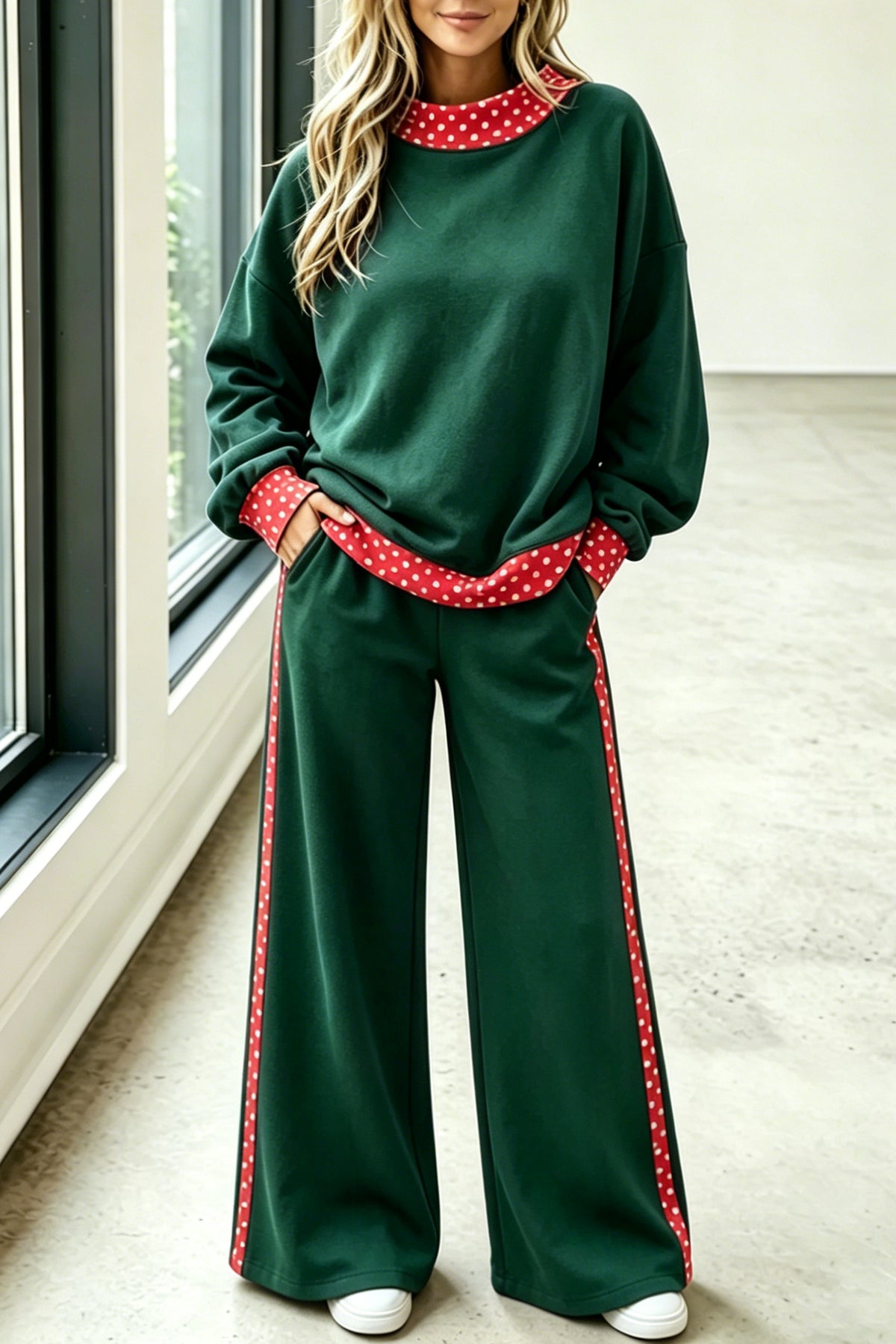 Blackish Green Polka Dot Trim Colorblock Loose Two Piece Pants Set
