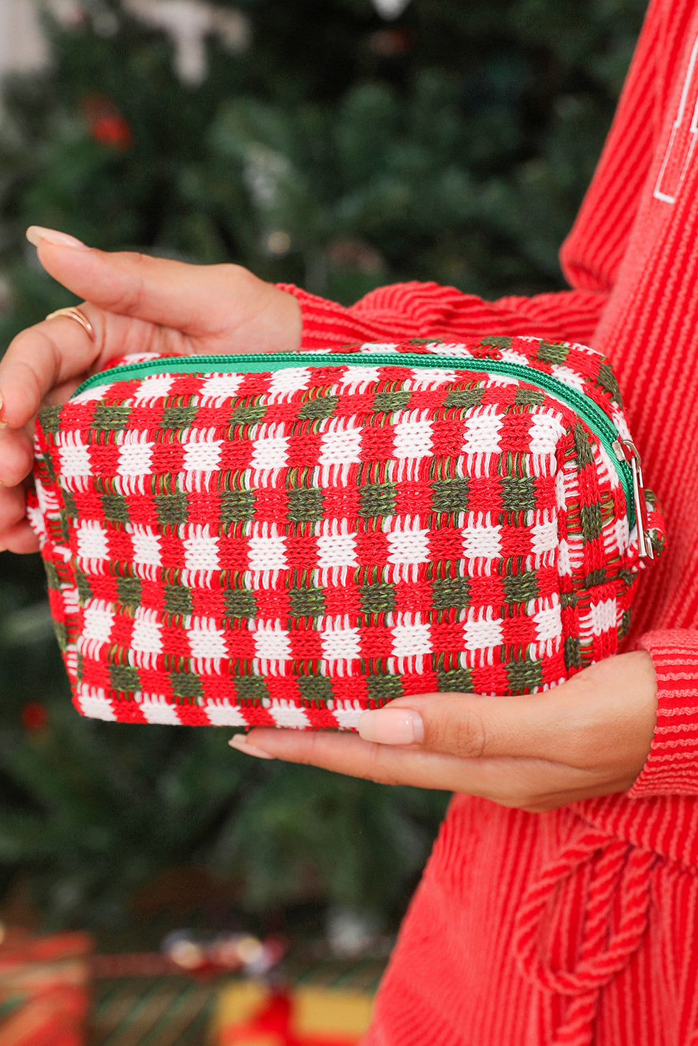 Racing Red Christmas Style Crochet Zipper Square Makeup Bag