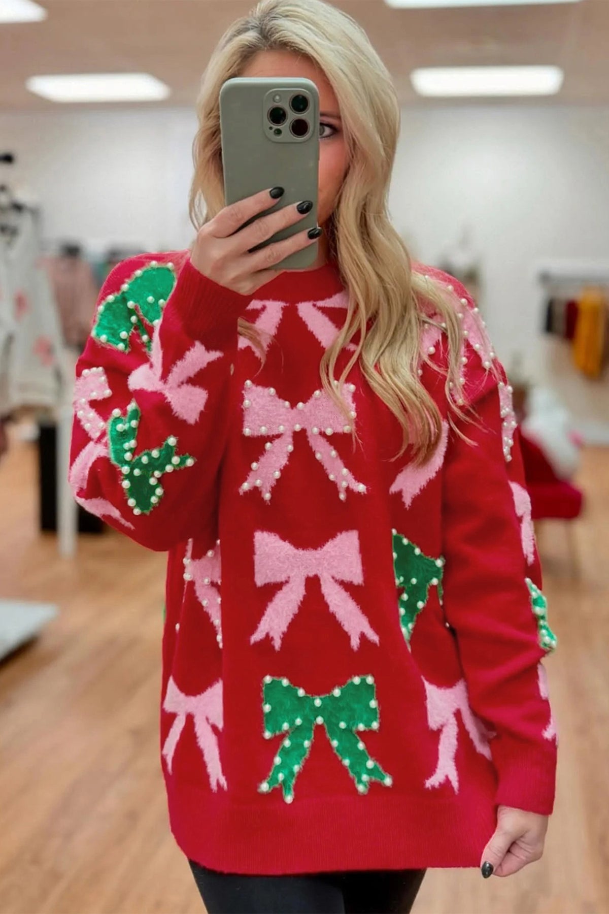 Fiery Red Bow Pearl Embellished Christmas Holiday Sweater