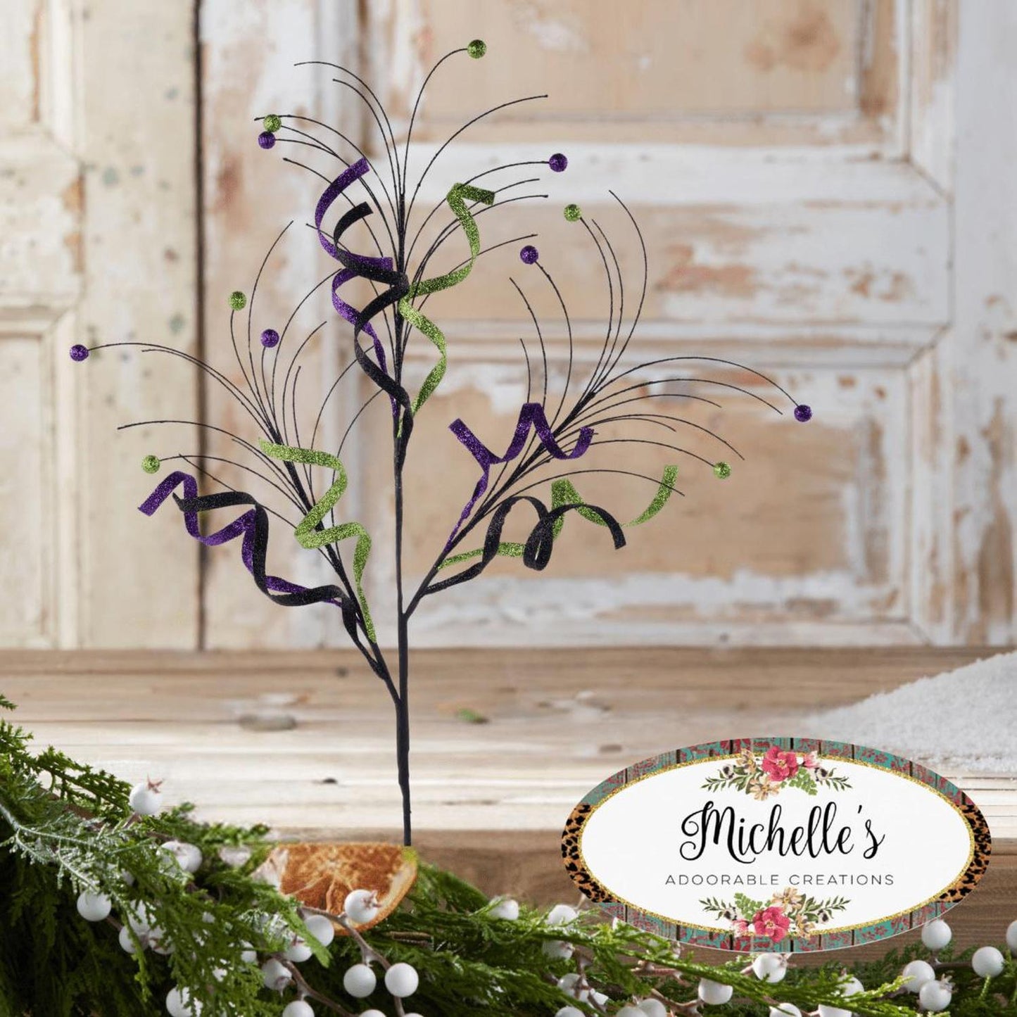 35" Glitter Curly Fishline Ball Spray: Purple/Black/Lime