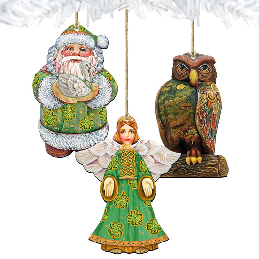 Irish Best Wishes Wooden Ornaments Set of 3 by G. DeBrekht - Christmas Santa Snowman Décor - 8100015S3