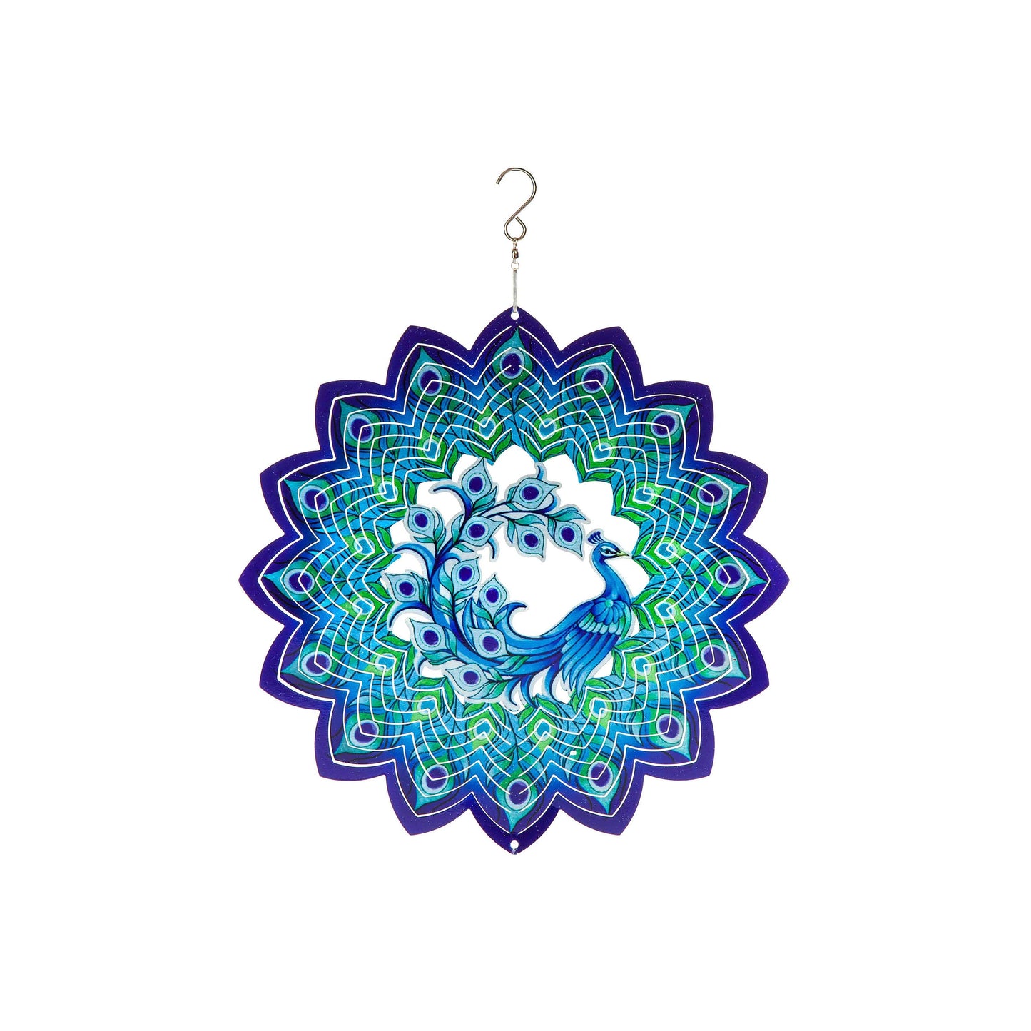 12" 3D Optical Illusion Hanging Metal Spinner, Peacock