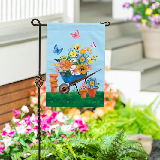 Floral Wheelbarrow Delight Burlap Garden Flag