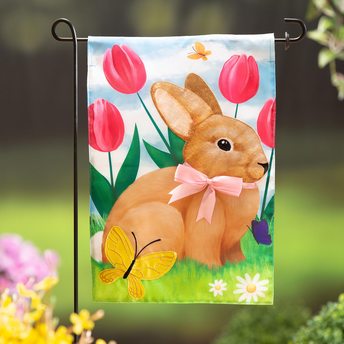 Tulips and Bunny Friend Applique Garden Flag