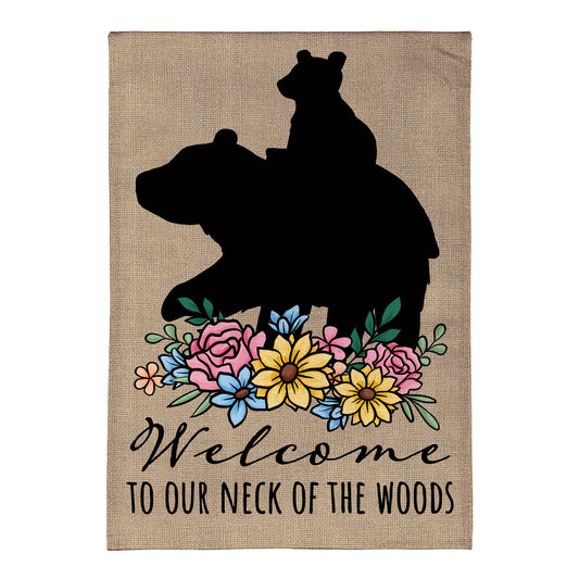 Welcome to Our Neck of the Woods Burlap Garden Flag