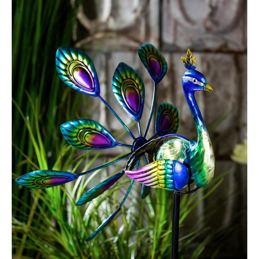 Tropical Oasis Wind Spinner, Solar Staked Peacock Staked Wind Spinner, 37"H