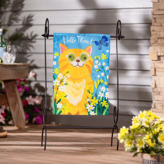Animated Hello There Cat Applique Lighted Garden Flag