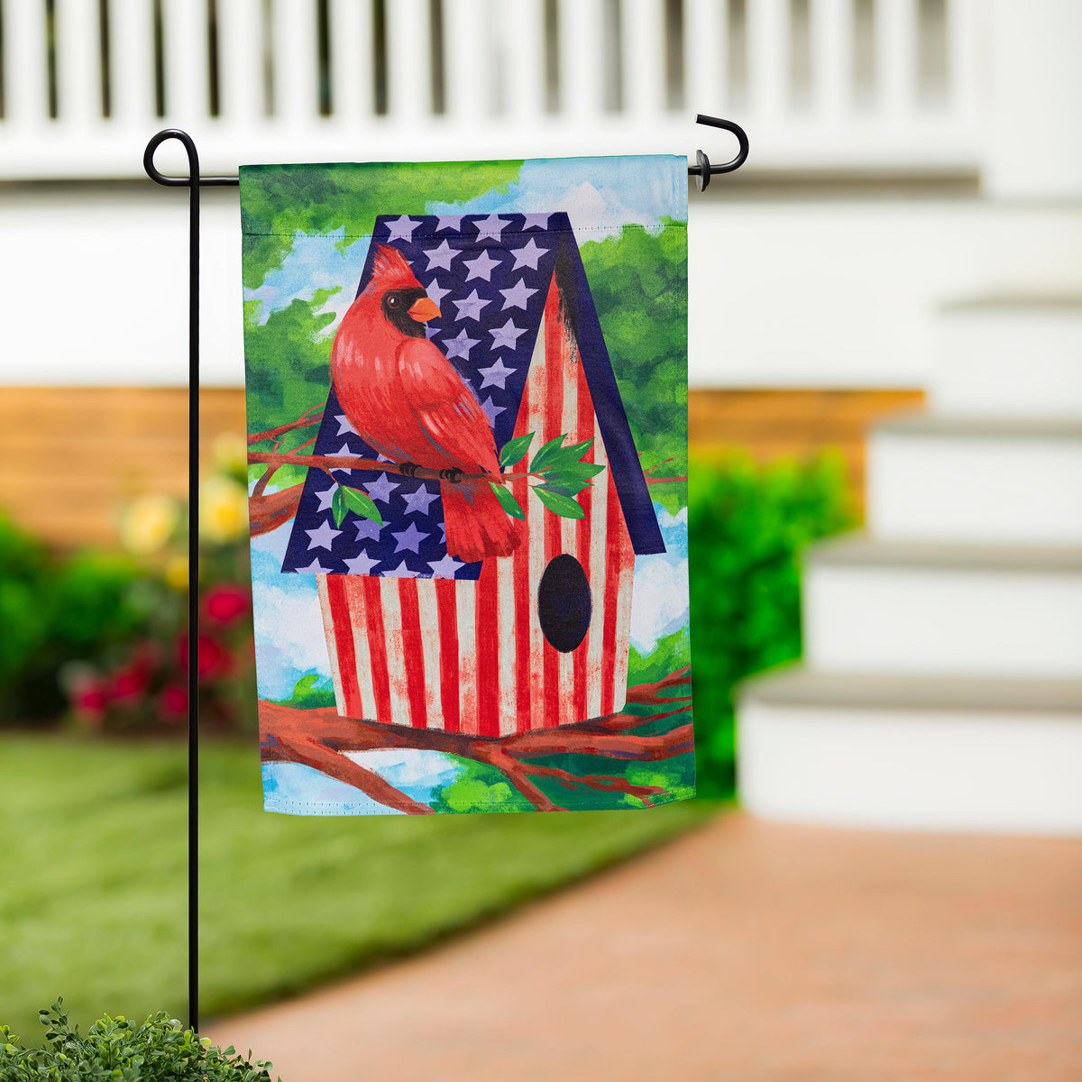 Patriotic Cardinal Birdhouse Suede Garden Flag