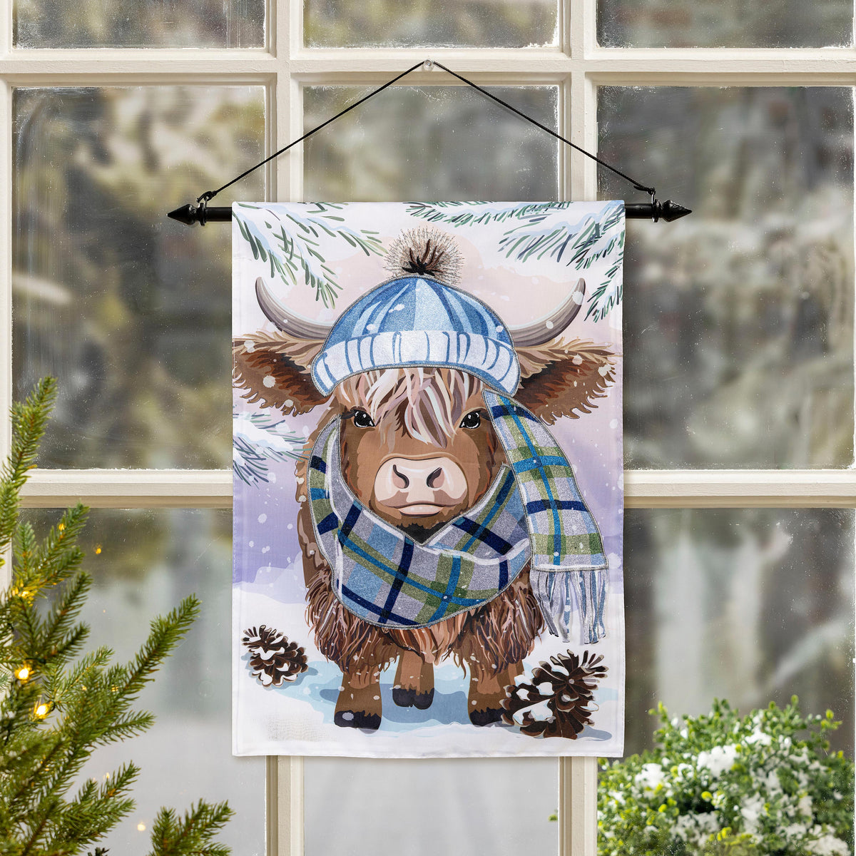 Winter Highland Cow Applique Garden Flag