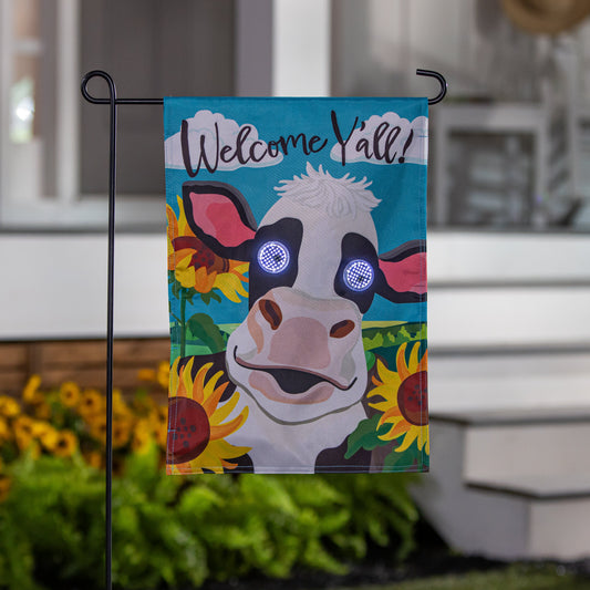 Animated Welcome Y'all Cow Applique Lighted Garden Flag