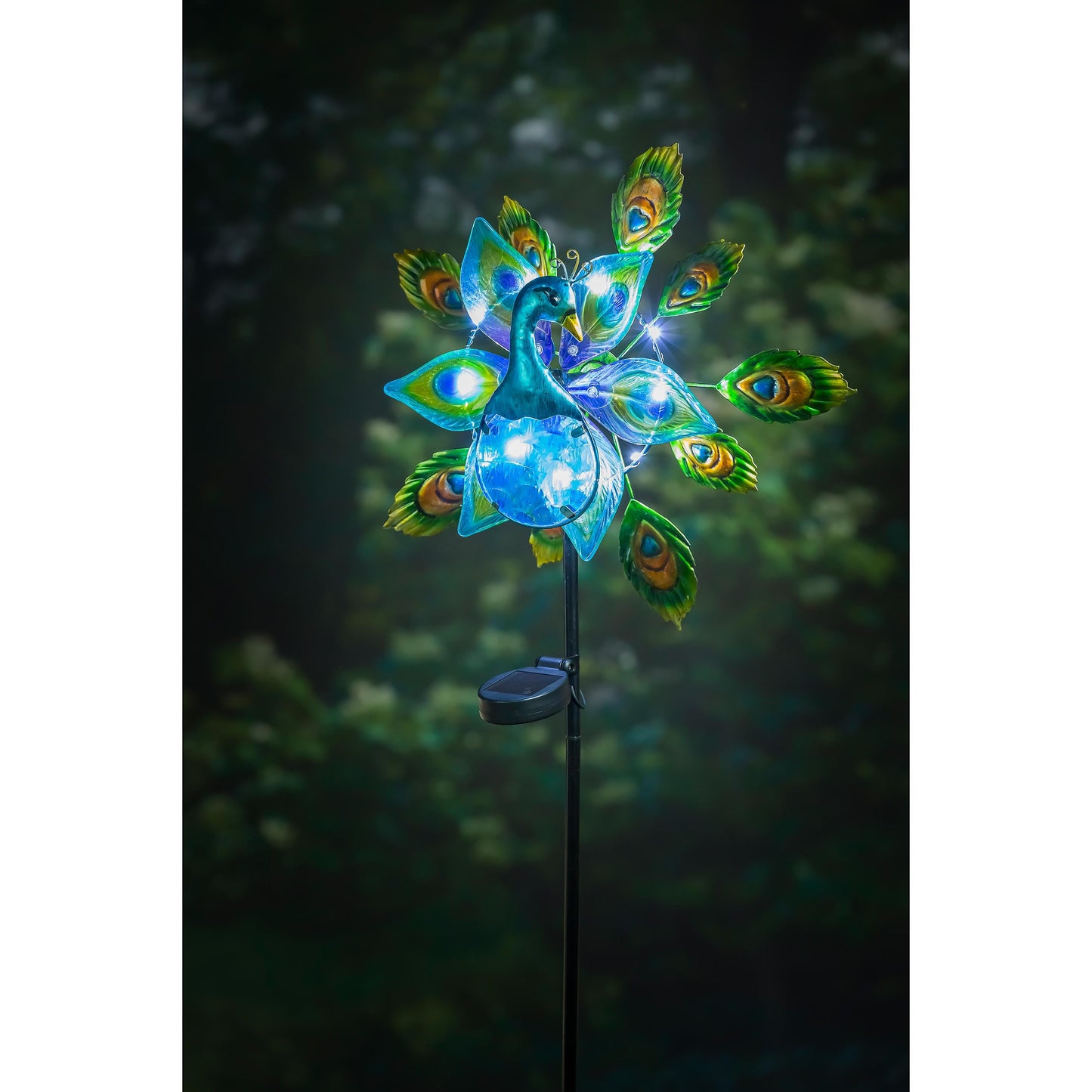 48"H Solar Staked Wind Spinner, Glass Peacock