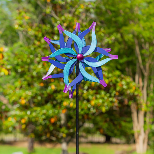 Metal Wind Spinner, Divided Blue Flower,75"H