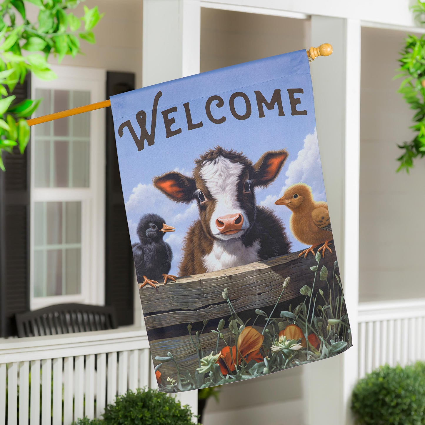 Hillside Pasture Cow and Chicks Suede House Flag