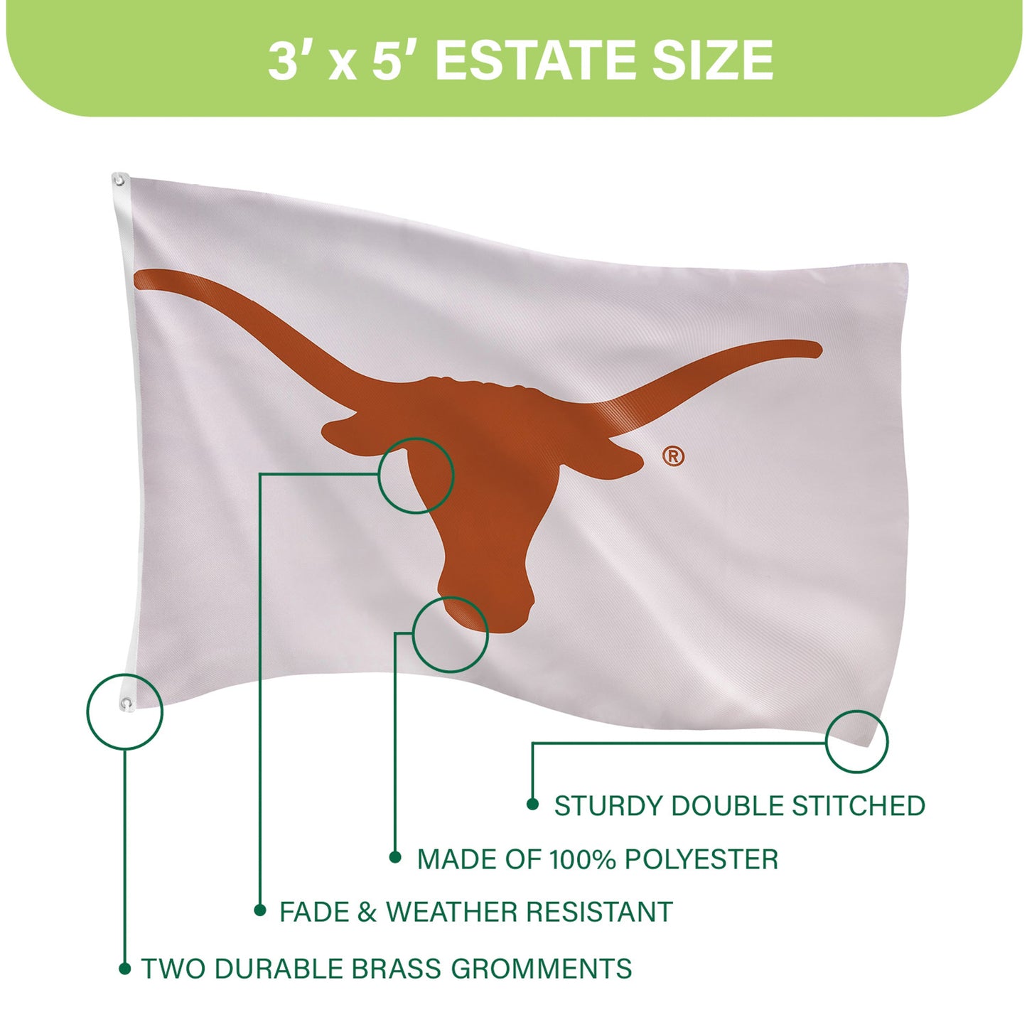 University of Texas Single Sided Flag w/ 2 Grommets, 3'x5'