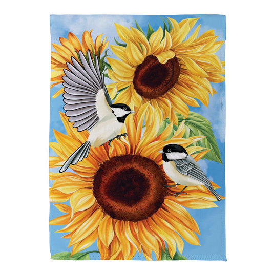Sunflower Chickadees Suede House Flag