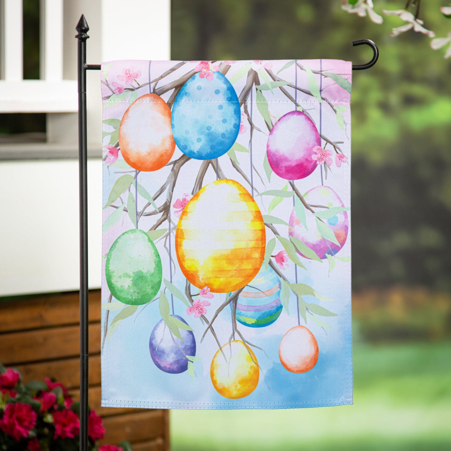 Hop Into Spring Egg Tree Suede Garden Flag