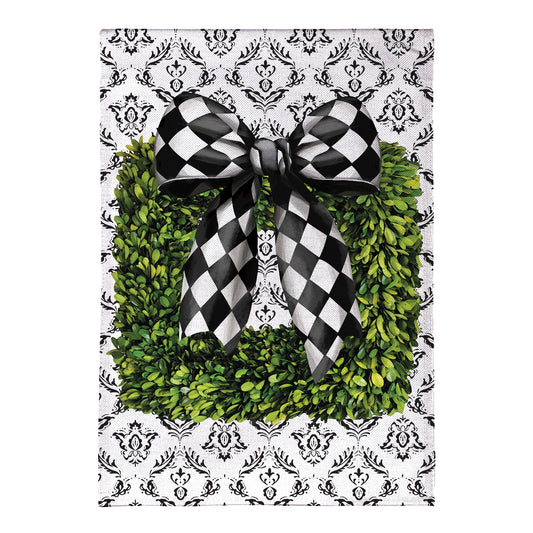 Black & White Bow Topiary Burlap Garden Flag