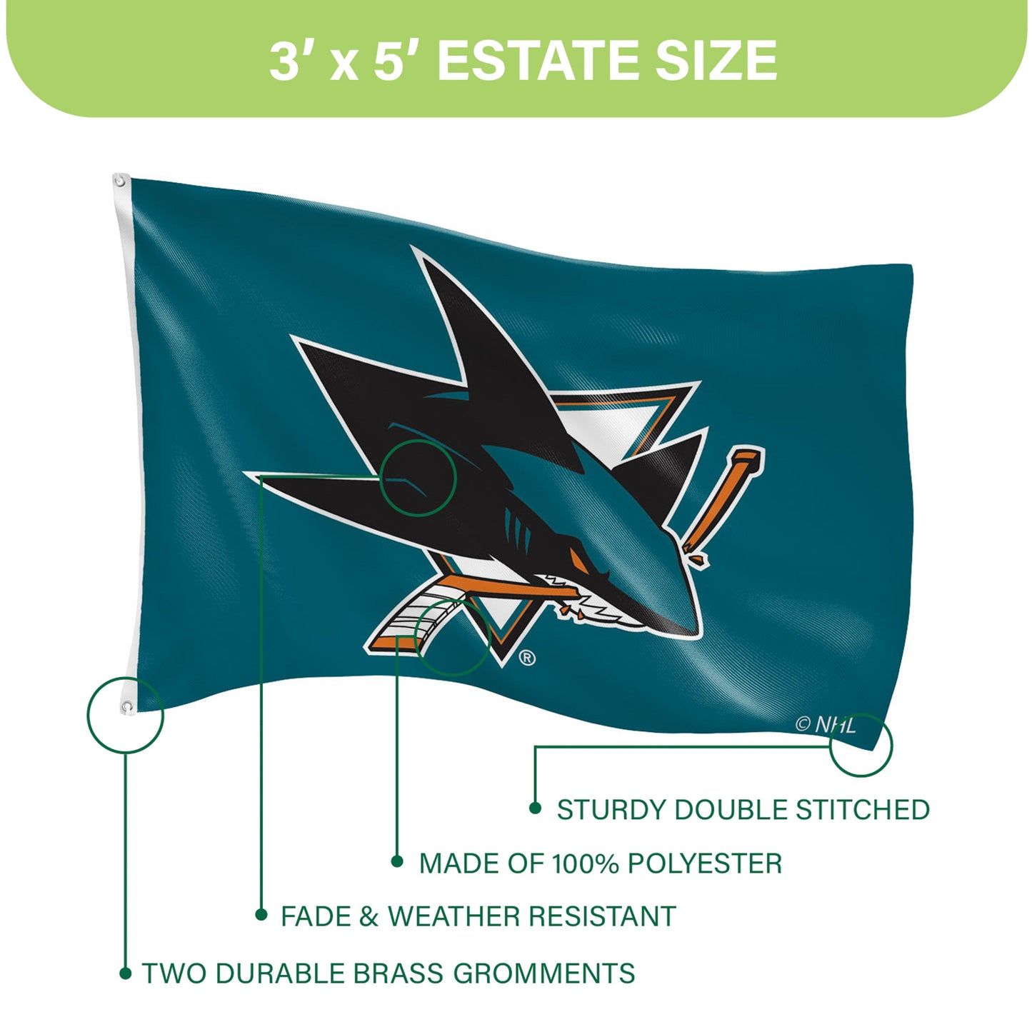 San Jose Sharks Single Sided Flag w/ 2 Grommets, 3'x5'
