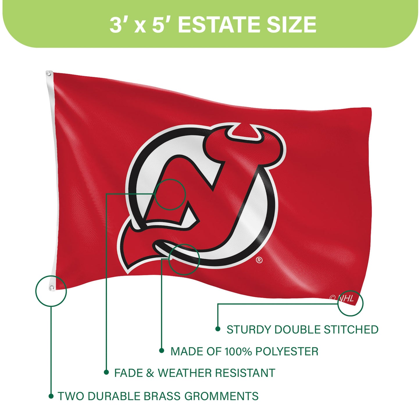 New Jersey Devils Single Sided Flag w/ 2 Grommets, 3'x5'
