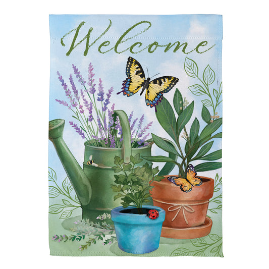 Cottage Garden Watering Can & Plants Suede House Flag