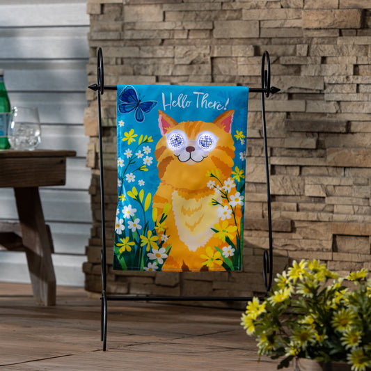 Animated Hello There Cat Applique Lighted Garden Flag