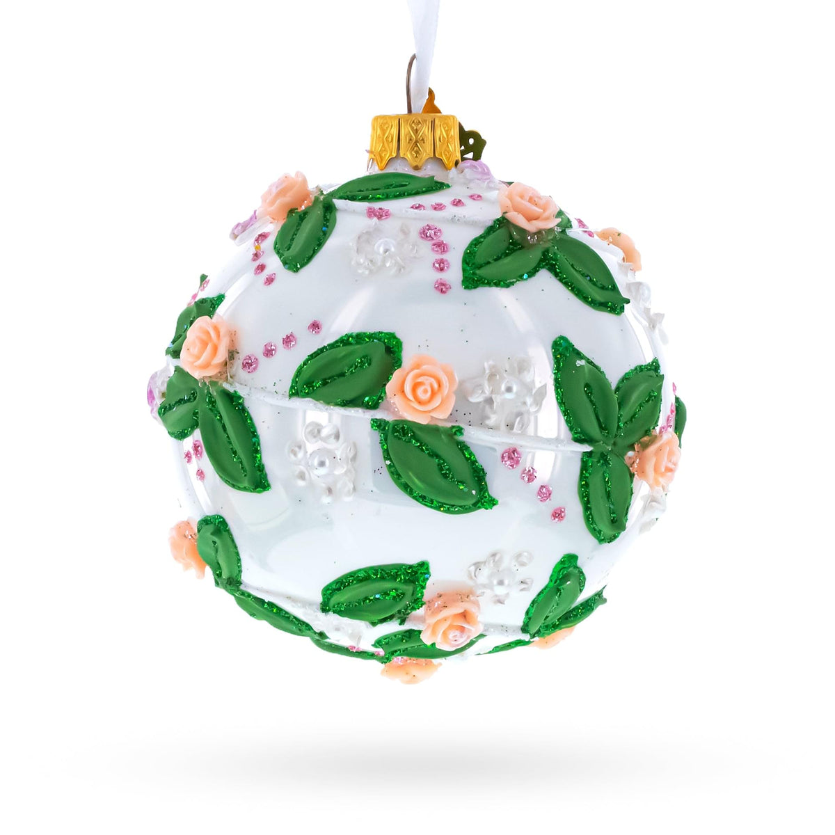 3D Roses in Silver Spiral Glass Ball Christmas Ornament 3.25 Inches