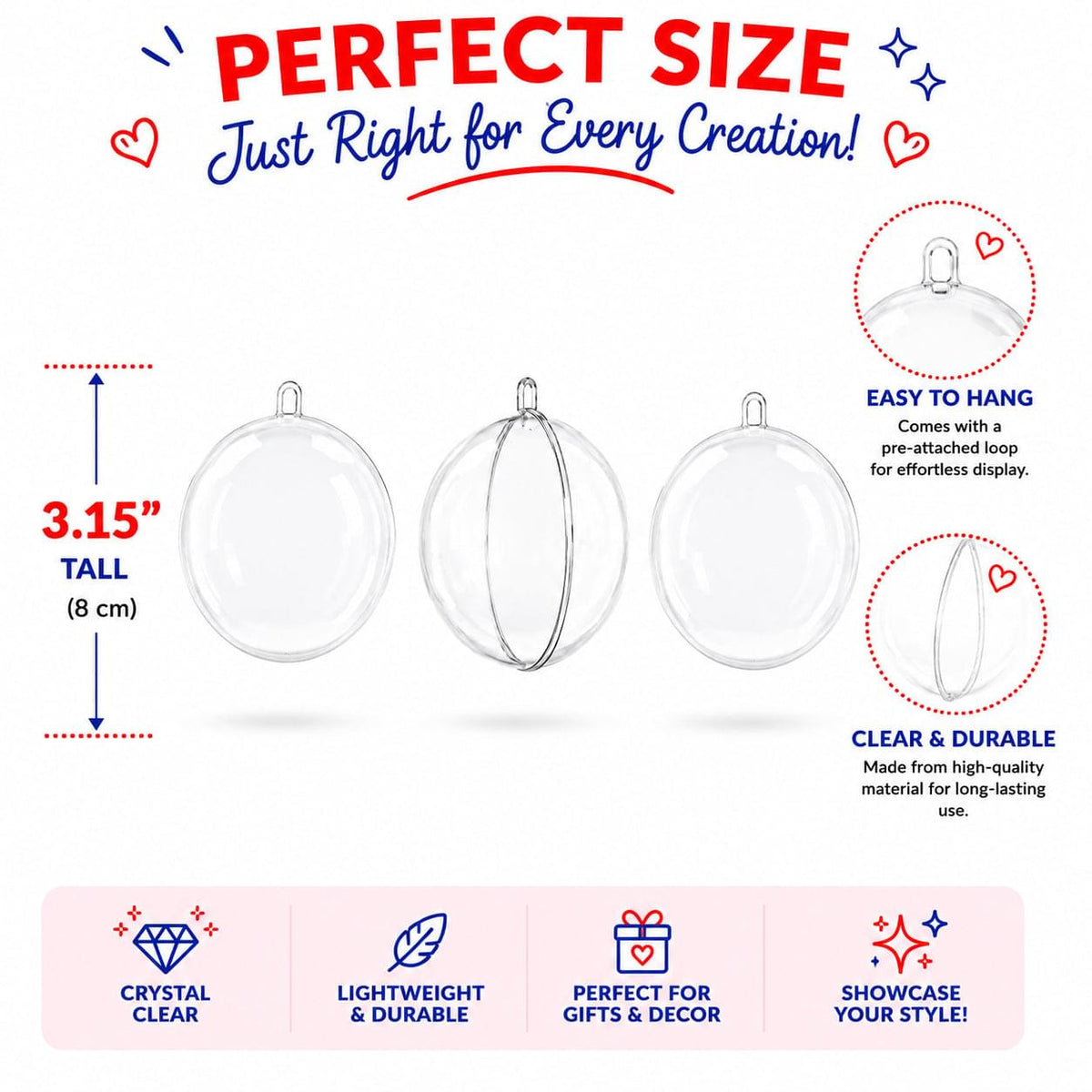 3.15-Inch Clear Plastic Fillable Christmas Ball Ornaments for DIY Projects: Set of 3