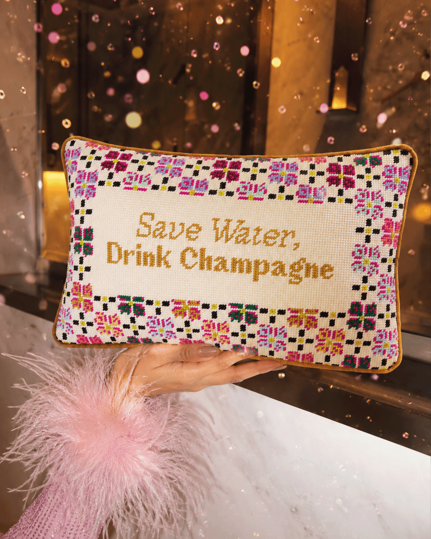 Drink Champagne Needlepoint Pillow