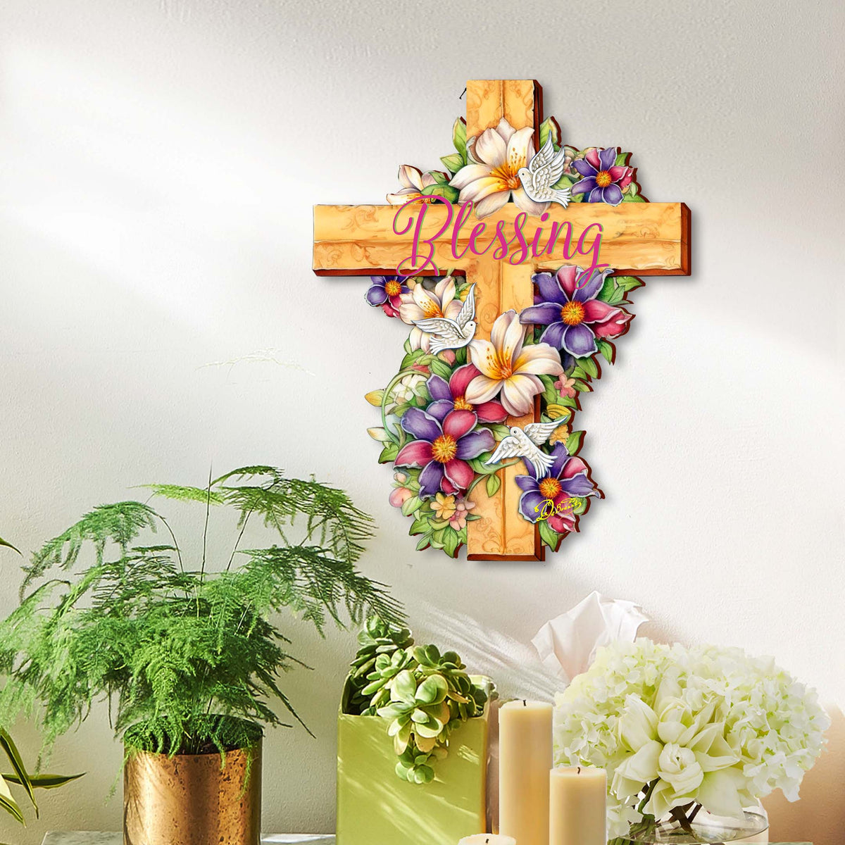 Floral Dove Blessing Wooden Cross by G. Debrekht - Easter Spring Decor - 88163