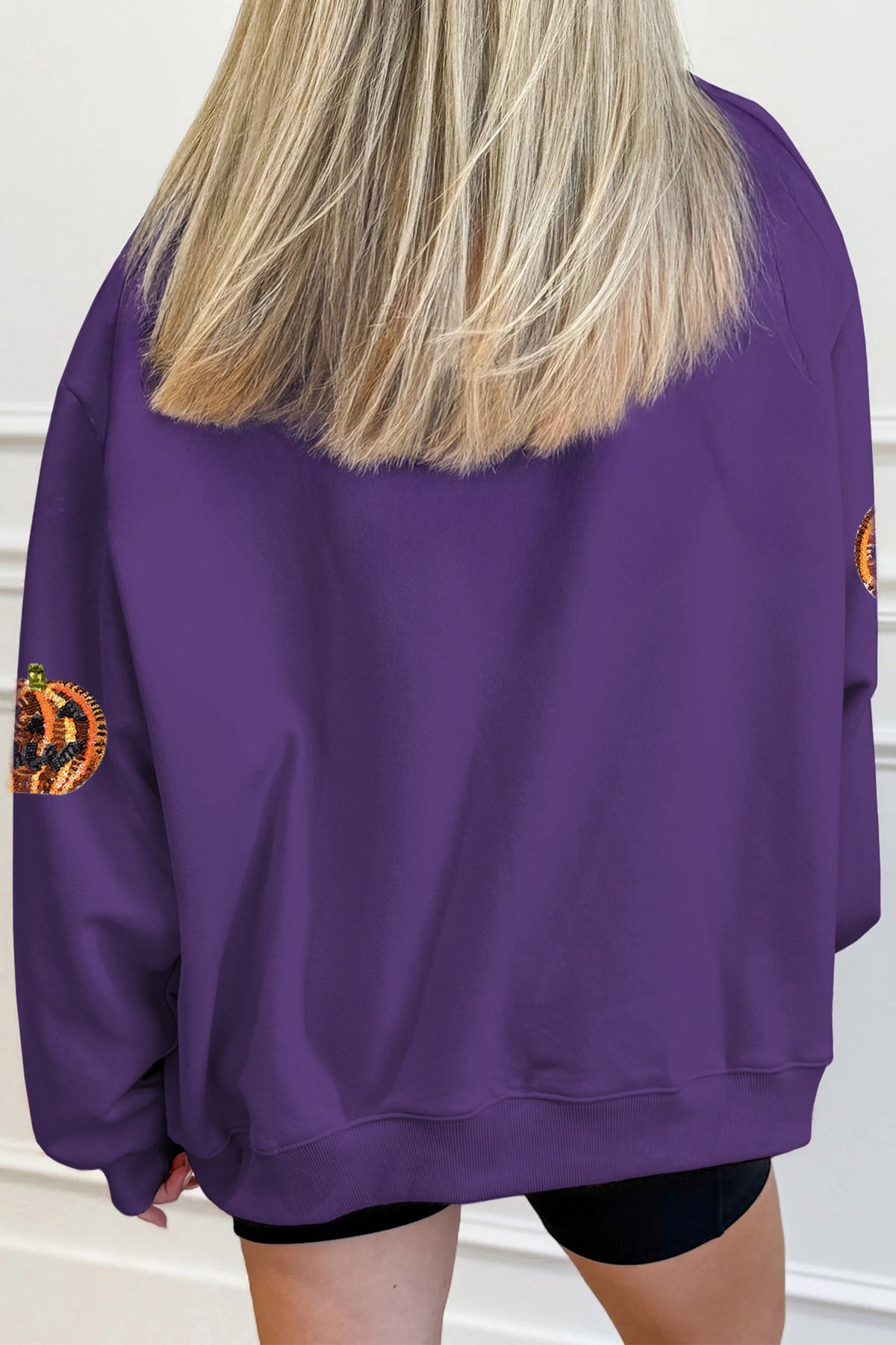 Tillandsia Purple Sequin Pumpkin Spooky Graphic Halloween Pullover Sweatshirt