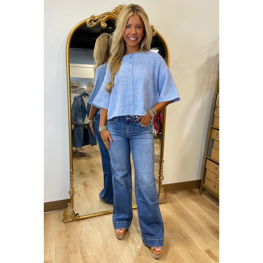 Beau Blue 3/4 Sleeve Boxy Knit Button Down Sweater Cardigan