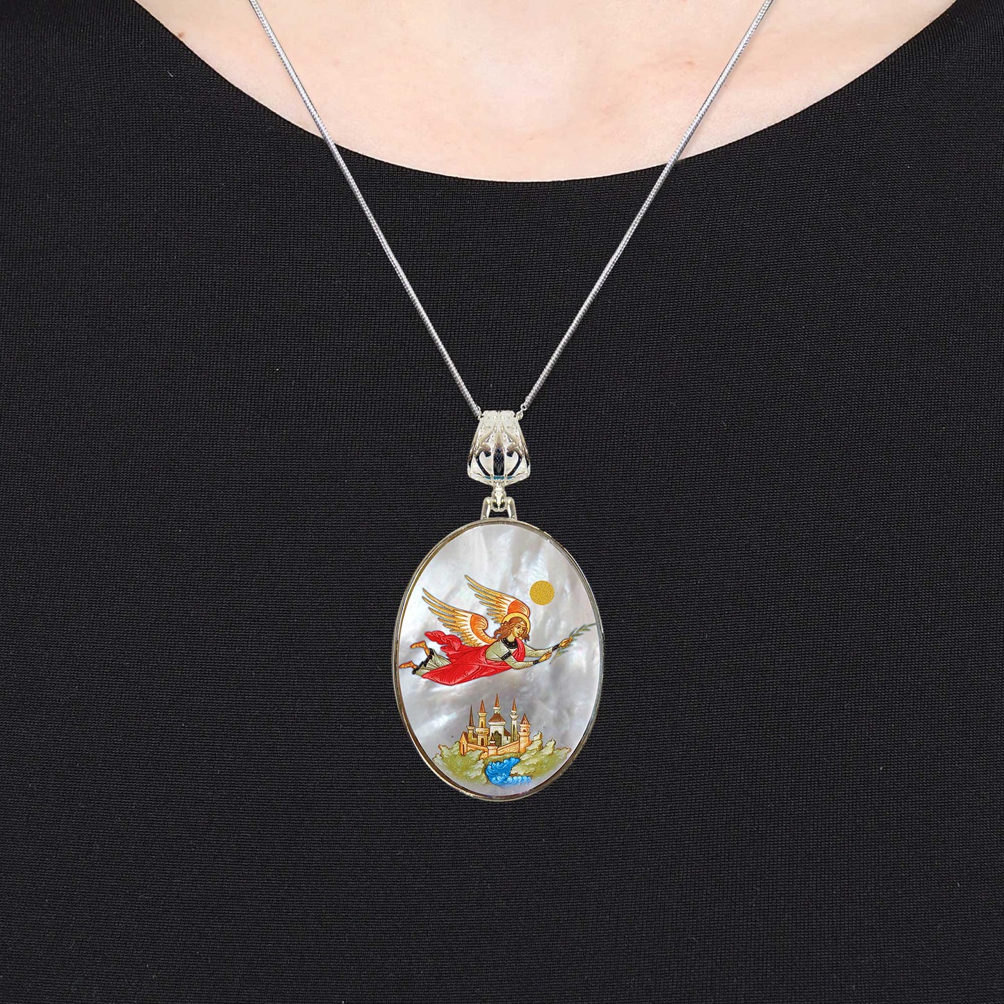 Watching Over Flying Angel Silver Plated Mother of Pearl Necklace - 43034