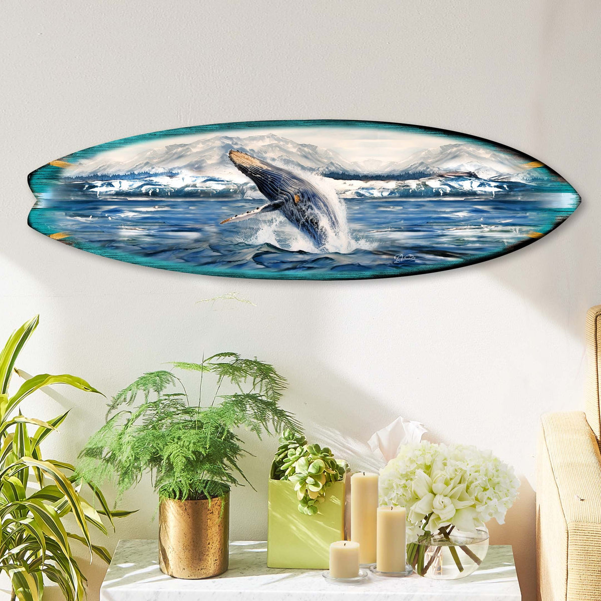 Humpback Harmony Surfboard Coastal Wall Art by G. DeBrekht - Coastal Holiday Decor - 8490119HS