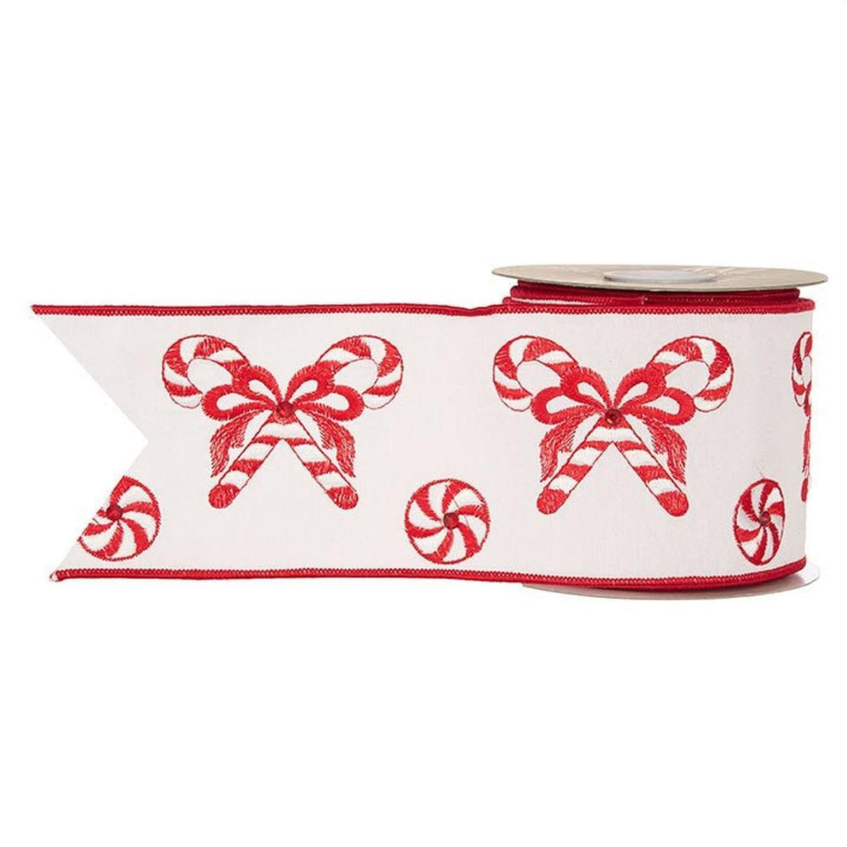 4" Candy Cane Embroidered Ribbon: Red (10 Yards)