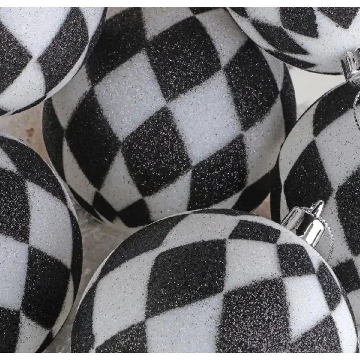 4" Glitter Harlequin Ball Ornaments: Black/White (3 pack)