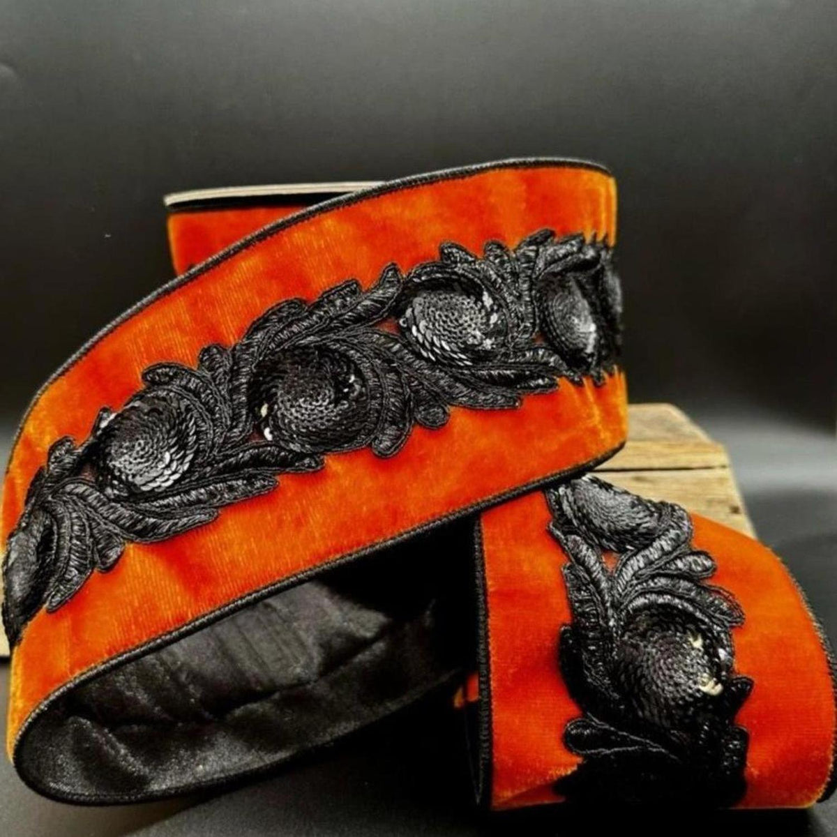 4" Velvet Black Floral Sequin Ribbon: Orange (5 Yards)