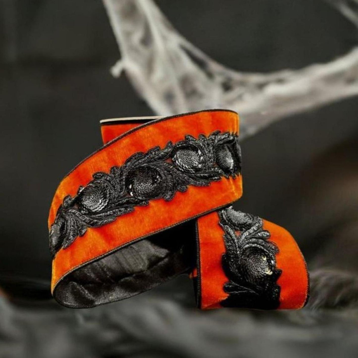 4" Velvet Black Floral Sequin Ribbon: Orange (5 Yards)