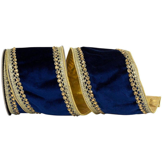 4" Velvet Deluxe Jewel Ribbon: Navy/Gold (5 Yards)
