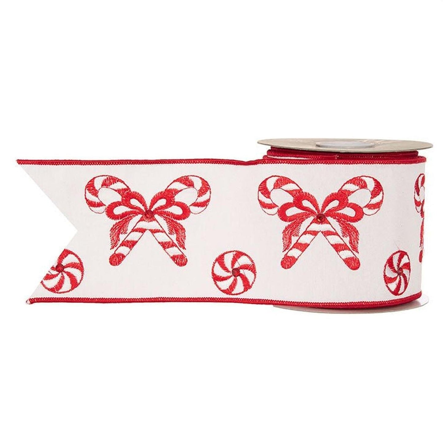 4" Candy Cane Embroidered Ribbon: Red (10 Yards)